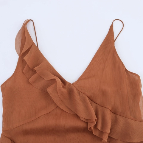 Women Asymmetrical Layered Ruffle Spaghetti Strap V Neck Dress Chiffon Polyester High Waist Solid Color Midi Dress Summer Casual Party