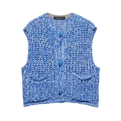 Women Casual V-Neck Coarse Knit Sweater Vest Mixed Blue Sky White Sleeveless Cardigan Style Top With Buttons And Pockets