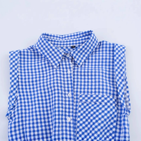 Women Summer Casual Gingham Romper Sleeveless Lapel Button Down Belted Cotton Blend Checkered Short Jumpsuit One Piece