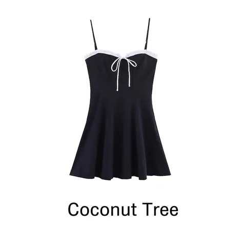Dames Zwart Mini Cami Jurk Witte Kantafwerking Strik A-Lijn Verstelbare Bandjes Zomer Streetwear Cocktail Party Mode Jurk