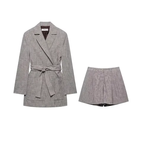 Γυναικείο Καρό Σακάκι Και Σορτς Σετ Γκρι Houndstooth Μακρυμάνικο Μπουφάν Με Ζώνη Κομψά Ρούχα Γραφείου
