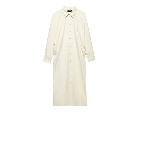 Women Minimalist Long Sleeve Shirt Maxi Dress Beige Polyester Button Up Lapel A-Line Streetwear Fashion Dress For Office Daily