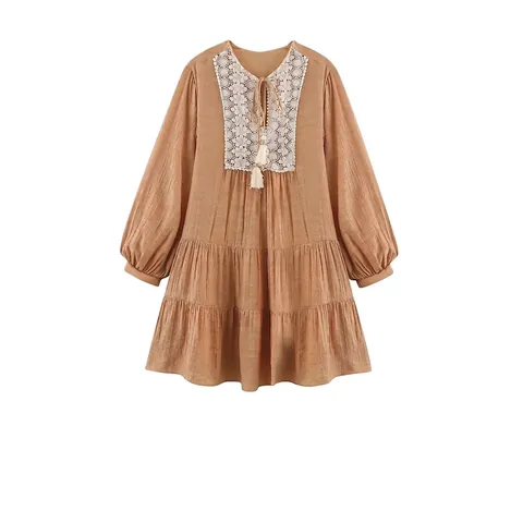 Damen Bohemian Minikleid Spitzeneinsatz V-Ausschnitt Quasten Laternenärmel Gestuftes A-Linien-Kleid Urlaub Lockeres Casual Kleid
