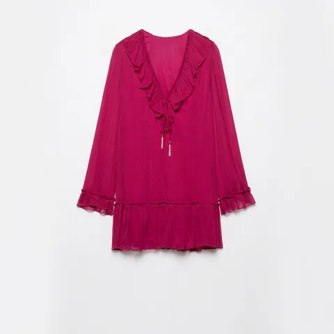 Women Summer Magenta Crinkle Mini Dress Ruffle V Neck Long Sleeve Loose Casual Streetwear Party Tassel Chiffon Dress