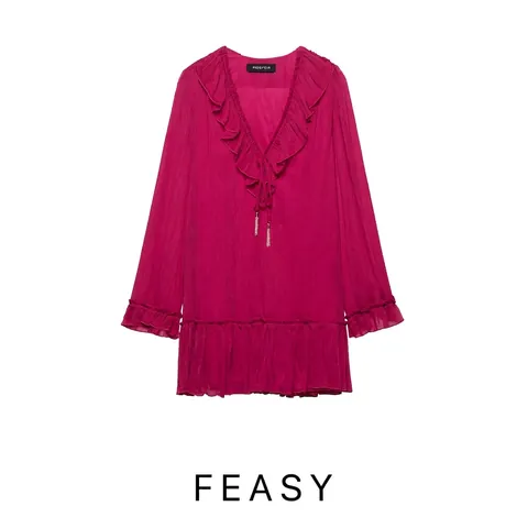 Abito Mini da Donna Estate Magenta Increspato Scollo a V con Volant Manica Lunga Casual Streetwear Festa con Nappine