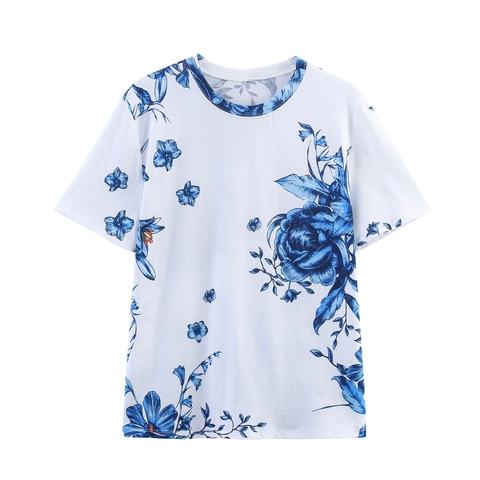 Camiseta de Verano para Mujer con Estampado Floral Cuello Redondo Manga Corta Poliéster Casual Slim Fit Tee Streetwear Top para Diario