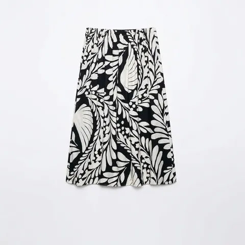 Falda Midi de Línea A de Cintura Alta Vintage para Mujer Estampado de Hojas Tropicales Blanco y Negro Falda de Paraguas Elástica