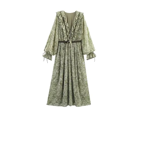 Vestido Largo de Mujer Vintage Floral Cuello en V con Volantes y Cinturón Verde Manga Larga en Capas Bohemio Línea A Verano
