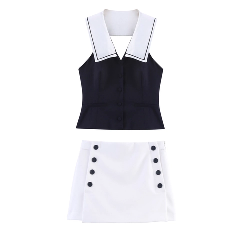 Dames Preppy Stijl Tweeledige Set Matrozenkraag Mouwloos Vest En Knoop Decor Broekrok Zomer Nautische Casual Outfits