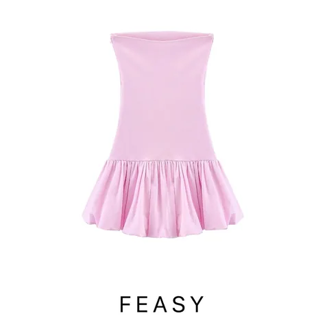 Abito a Tubino Rosa Senza Spalline Donna Elegante Vestibilità Aderente Orlo a Palloncino Volant Mini Abito Estate Streetwear Festa