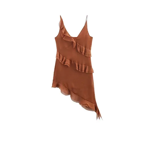 Women Asymmetrical Layered Ruffle Spaghetti Strap V Neck Dress Chiffon Polyester High Waist Solid Color Midi Dress Summer Casual Party