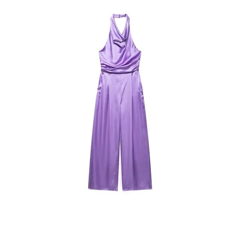 Tuta Elegante in Raso Viola da Donna Con Scollo ad Anello a Fascia Vita Plissettata Gamba Larga Senza Maniche Outfit per Festa Serale Casual