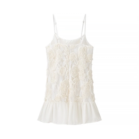 Abito a Canotta Patchwork con Fiori 3D da Donna Bianco Scollo a V Orlo con Volant Spalline Sottili Mini Abito a Linea A Streetwear