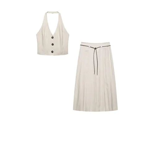 Damen Sommer Halfter V-Ausschnitt Weste Top Und A-Linie Midi Rock Set Mit Gürtel Lässiges Baumwolle Leinen Textur Outfit