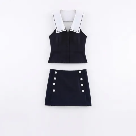 Dames Preppy Stijl Tweeledige Set Matrozenkraag Mouwloos Vest En Knoop Decor Broekrok Zomer Nautische Casual Outfits
