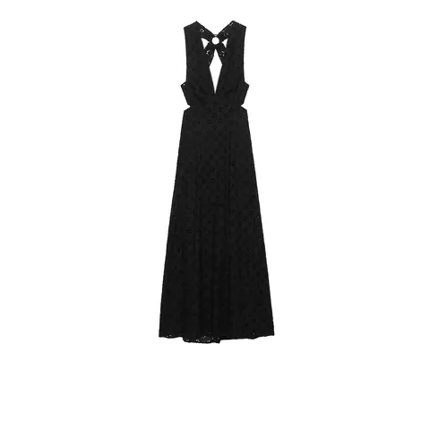 Damen Sexy Halter V-Ausschnitt Rückenfrei Lochstickerei Maxikleid Ajouré Sommerurlaub Strand Schwarz Langes Kleid