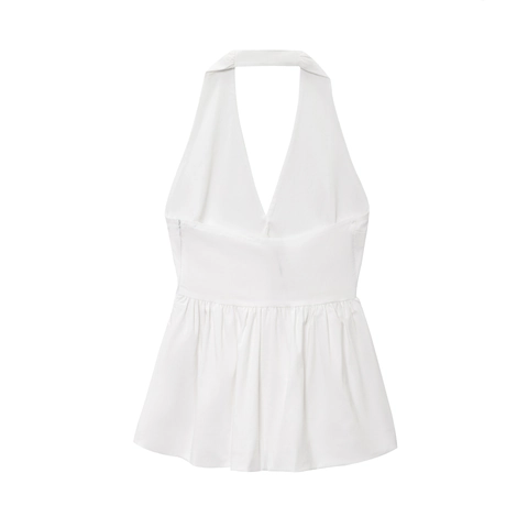 Women Sexy Halter Neck Deep V Peplum Top Sleeveless Ruffle Hem Backless Solid Color Summer Blouse Elegant White Casual Top