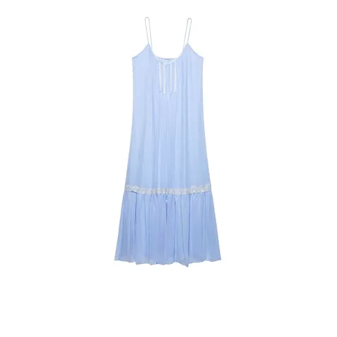 Elegant Women's Lace Trim Pleated Slip Dress V Neck Thin Straps Crinkle Texture Light Blue Summer Midi Dress