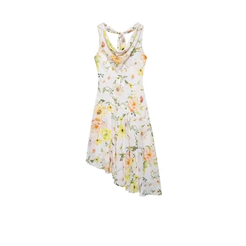 Elegante Abito da Donna a Fiori Con Scollo a Cappuccio Senza Maniche Schiena Scoperta Orlo Asimmetrico Sexy Abito Midi per Vacanza
