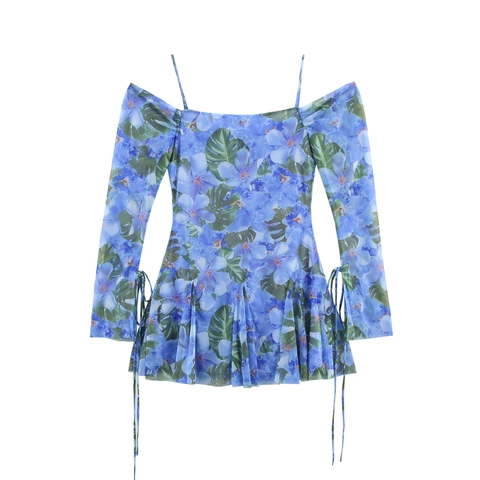 Mini Robe en Maille à Imprimé Floral Vintage Français Femmes Épaules Dénudées Manches Longues Cordon de Serrage Plissé Style Vacances