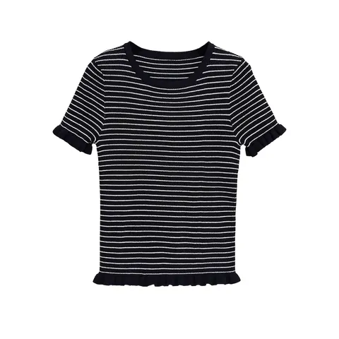Women's Striped Short Sleeve Knit Top Ruffle Lettuce Trim Slim Fit Round Neck Ribbed T-Shirt Mercerized Cotton Blend Top