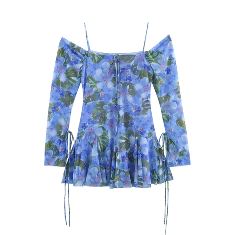 Mini Robe en Maille à Imprimé Floral Vintage Français Femmes Épaules Dénudées Manches Longues Cordon de Serrage Plissé Style Vacances
