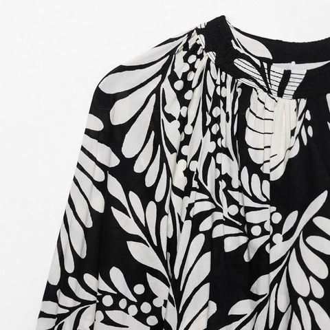 Camicetta da Donna Casual a Maniche Lunghe Elegante Stampa Botanica di Foglie con Ruches Collo in Piedi Nero Bianco Top di Moda