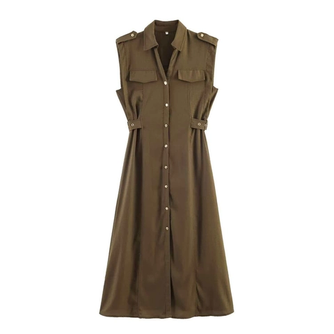 Damen Ärmellos Leinen Utility Hemdkleid Durchgeknöpft Mit Gürtel Safari Stil Midi Kleid Mit Taschen Casual Büro Kleidung