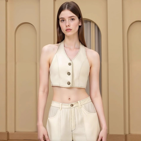 Top A Fascia In Cotone E Lino Casual Da Donna E Pantaloncini A Vita Alta Con Cuciture A Contrasto Bianco Crema Estate