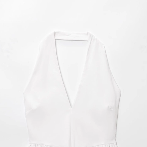 Women Sexy Halter Neck Deep V Peplum Top Sleeveless Ruffle Hem Backless Solid Color Summer Blouse Elegant White Casual Top