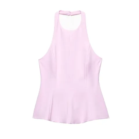 Women Sexy Halter Tank Top Backless Peplum Hem Sleeveless Ruffle Summer Vest Top Solid Color Sweet Style Vest Top