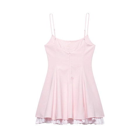 Vestido de Tirantes Finos Rosa para Mujer Patchwork de Rayas Dobladillo con Volantes Dulce Verano Vestido Midi Acampanado para Vacaciones Casual