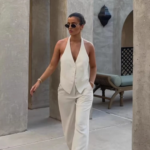 Damen Neckholder Rückenfrei Weste Elegant Tiefem V-Ausschnitt Einreihig Geknöpft Mischgewebe Sommer Top Weiß