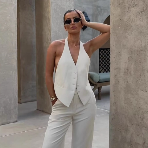 Damen Neckholder Rückenfrei Weste Elegant Tiefem V-Ausschnitt Einreihig Geknöpft Mischgewebe Sommer Top Weiß