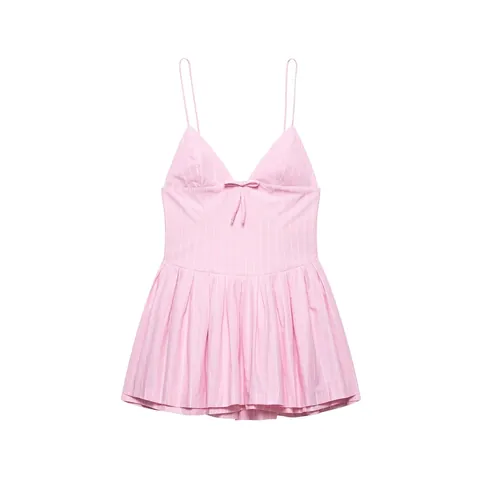 Dames Zomer Elegant Roze Wit Gestreepte Spaghettibandjes Jurk V-Hals Strik Geplooid Hoge Taille Midi Jurk