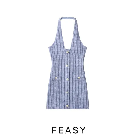 Dames Halter V-hals Gebreide Mini-jurk Gouden Knopen Mouwloos Rugloos Zomer Bodycon Streetwear Jurk Blauw