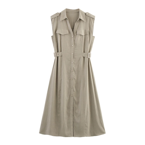 Robe Midi Chemise Sans Manches Pour Femmes Style Utilitaire Revers Simple Boutonnage Coupe Ajustée Taille Réglable Mélange Lin
