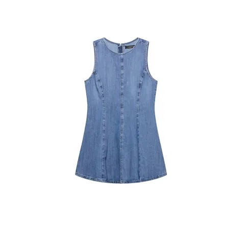 Vestido Mini de Mezclilla Sin Mangas Elegante para Mujer Cuello Redondo Casual Línea A Azul Lavado Mezcla de Algodón