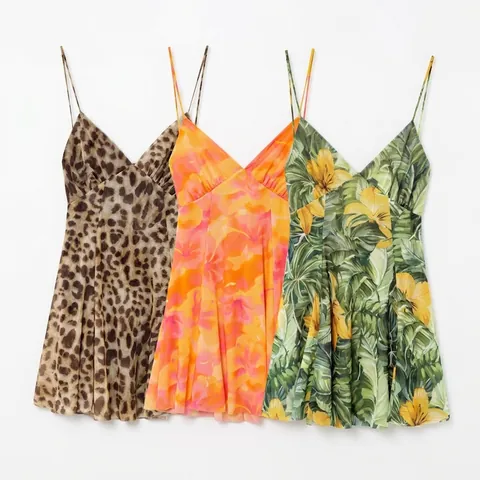 Abito Mini da Donna Sexy con Spalline Sottili Estivo Scollo a V Schiena Scoperta Stringato Vacanza Mare Leopardato Floreale