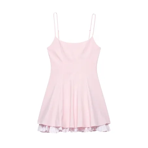 Vestido de Tirantes Finos Rosa para Mujer Patchwork de Rayas Dobladillo con Volantes Dulce Verano Vestido Midi Acampanado para Vacaciones Casual
