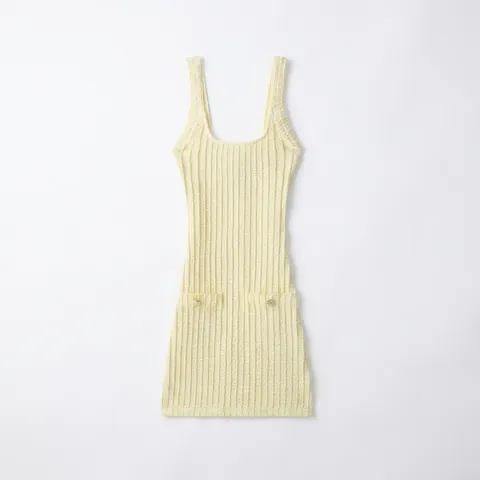 Elegant Knitted Bodycon Mini Dress For Women Summer Sleeveless Square Neck Ribbed Knit Dress With Gold Buttons Pockets