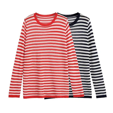 Camiseta de Punto a Rayas Casual para Mujer Manga Larga Cuello Redondo Pullover Ligero Primavera Otoño Top de Punto a Rayas