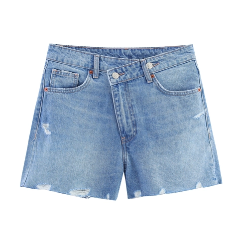 Pantaloncini di Jeans Donna Vita Incrociata Asimmetrica Vita Alta Distressed Orlo Sfrangiato Casual Gamba Dritta Estate Blu