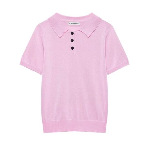 Polo in Maglia a Maniche Corte Casual da Donna Tinta Unita Slim Fit Top in Maglia Bordo a Costine Polo con Bottoni