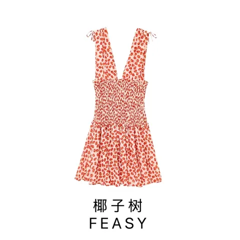 Robe Mini Florale d'Été pour Femmes Taille Élastique Smokée Col en V Profond Bretelles Sans Manches Coupe en A Volants