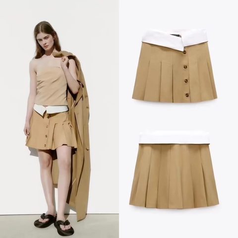 Minifalda Plisada de Cintura Alta para Mujer Bloques de Color Cintura en Contraste Detalle de Botones Estilo Preppy Casual Verano Falda Corta en Línea A