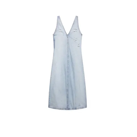 Abito Maxi in Denim Distrutto Senza Maniche con Scollo a V Profondo da Donna Lavaggio Blu Chiaro Abito a Spalline Lungo Estate