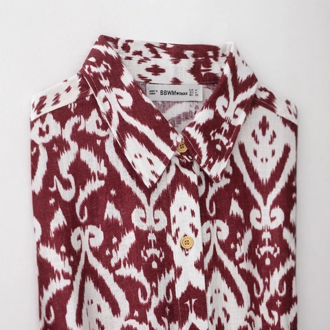 Vintage Ikat Print Korte Mouw Overhemd Voor Dames Etnisch Bohemian Revers Casual Polyester Blouse Top