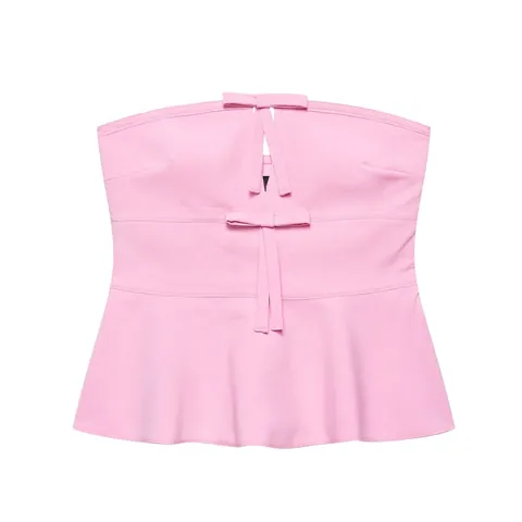 Top Bustier Rose pour Femmes Avec Nœud Basque Sans Bretelles Été Mode Élégant Slim Dos Nu Sans Manches Haut Pullover