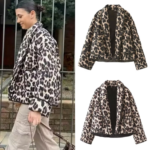 Women Casual Leopard Print Quilted Jacket Loose Turn Down Collar Long Sleeve Padded Coat With Patch Pockets Outwear